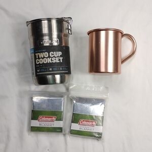 SOLD   Camping set- 2 cup cookset, 1 tin cup and 2 blankets